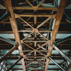 The image is of a bridge with a lot of metal beams and rivets