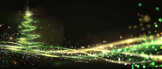 Wall Mural - Gold and green stream of lights and particles in motion building a spiraling christmas tree. Glitter, bright glowing shining magical twisted ladder ending in a beautiful sparkling holiday tree