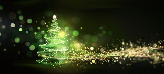 Wall Mural - Gold and green stream of lights and particles in motion building a double helix christmas tree. Glitter, bright glowing shining magical twisted ladder ending in a beautiful sparkling holiday tree