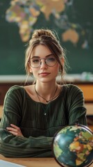 Wall Mural - young woman teacher wearing glasses sitting at school desk with globe 