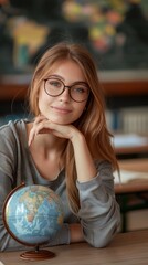 Wall Mural - young woman teacher wearing glasses sitting at school desk with globe 