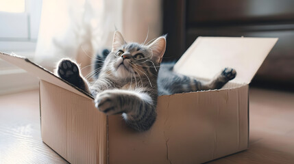 Sticker - Cute grey tabby cat in cardboard box on floor at home