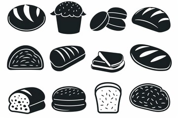 Bread loaves icon, bakery products set, flat minimal pastry collection, baked buns, baguettes symbols