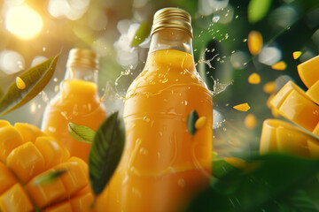 Wall Mural - Two mango juice bottles splash amidst fresh mango slices and green leaves in a sunny, vibrant outdoor setting