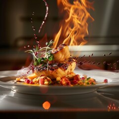 Canvas Print - A plate of food with a flame on it