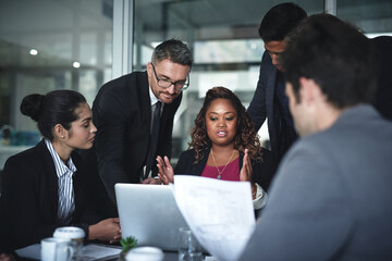 Poster - Business people, lawyer and laptop in meeting for legal solution, brainstorming and collaboration at firm. Talking, teamwork or attorneys in discussion or feedback, planning or project in corporate