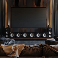 A black and white image of a living room with a large flat screen TV