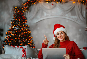 Wall Mural - santa girl with laptop show something with her finger place for your text or design