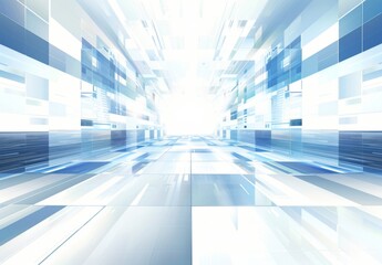 Wall Mural - Futuristic Blue Technology Background with Central White Space and Abstract Perspective Pattern. Blue and Gray Blocks with Light and Depth Effect