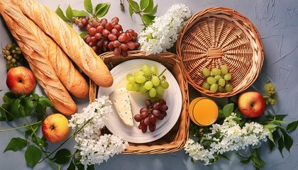 Wall Mural - flatlay picnic scene with a basket and flowers juice grapes cheese and a baguette