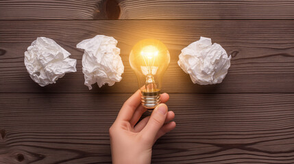 A hand holding a light bulb and crumpled paper balls on a wooden background, symbolizing the concept of an ideas and creativity. The hand holds the glowing lamp above crumpled papers.