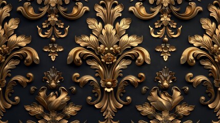 Wall Mural - Golden elements on a black background in a damask seamless pattern for luxury wallpaper.