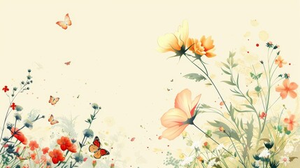 Wall Mural - Illustration watercolor butterfly. Seamless floral summer pattern with watercolor for kids' fields.