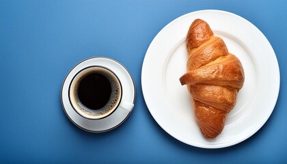 flat lay of coffee cup and fresh croissant on a white plate on a blue background