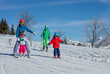 © Sergey Novikov - Kids learning to ski under adult supervision on a sunny slope.