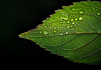 Wall Mural - Close-Up Dew Drops on Green Leaf with Black Background