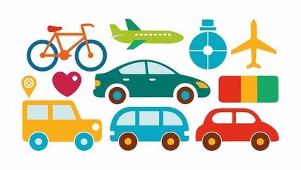 Wall Mural - car, collection of car symbols, airplane logos, and bicycle icons in various shapes and colors, isolated on white background, representing comprehensive transportation system.