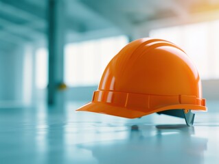 An orange hard hat sits on a polished concrete floor, in a modern industrial setting.  The helmet represents safety and construction.