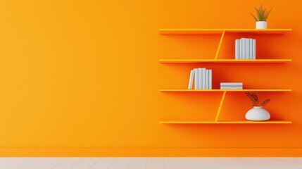 An orange bookshelf in a minimalist room, standing out against a neutral background. The design is simple yet striking, with plenty of copy space for creative use.