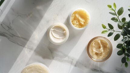 Wall Mural - Close Up View of Four Jars of Cream on White Marble Surface With Sunlight and Greenery