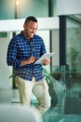 Poster - Black man, research and tablet in office with smile for career, social media management for company. Male person, creative and happy with scroll for reading with web email, notification for post