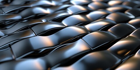 Dark metallic textured structure with a shiny wicker pattern, creating an abstract, futuristic backdrop.