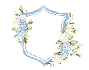 Light Blue White hydrangea Watercolor Flowers Wedding Crest template PNG