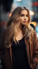 Wall Mural - A woman with long blonde hair is standing on a city street wearing a brown coat. She is looking directly at the camera