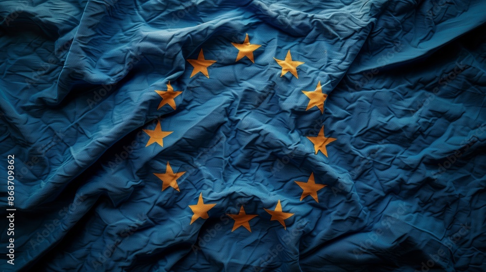 Flag of Europe, wrinkled European Union blue flag, concept of issue ...