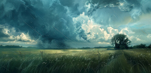 Wall Mural - A stormy sky with rain falling and a tree in the distance