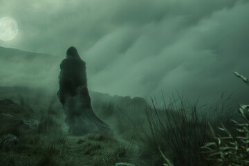 Wall Mural - A person is walking through a foggy field with a hood over their head