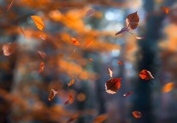 Wall Mural - Autumn Leaves Falling in Forest - Blurred Background