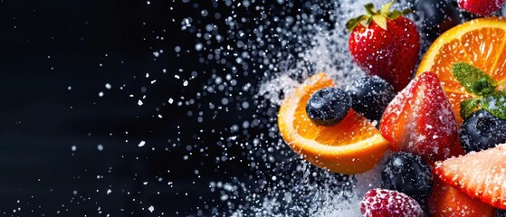 Futuristic visual of fruit ingredients exploding in a hightech digital design with copy space
