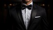 © sorin - Elegant man in black suit with silk bow tie and white pocket square for formal events or business