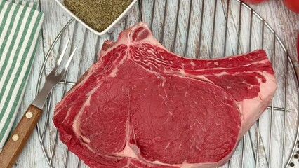 Wall Mural - côte de boeuf cru, en gros plan, sur une grille à barbecue