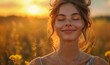 © Raool - Backlit Portrait of calm happy smiling free woman with closed eyes enjoys a beautiful moment life on the fields at sunset, Generative AI