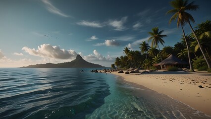 Poster - Tranquil tropical beach with palm trees and clear blue water.  Beautiful island landscape with a scenic mountain in the distance. Concept of travel, vacation, and relaxation.