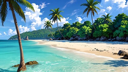 Wall Mural - Tropical beach paradise with white sand, crystal clear turquoise water and palm trees under a blue sky with clouds. Perfect for vacation, relaxation, and travel