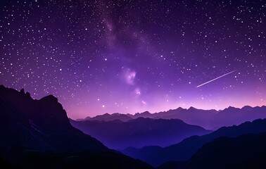 Wall Mural - Purple Night Sky with Shooting Star and Mountains