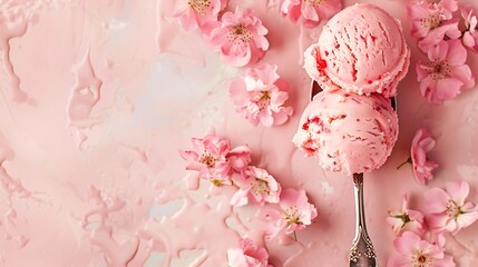 Wall Mural - Ice cream on the silver spoon coral background