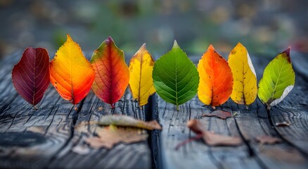 Wall Mural - Autumn Leaves on Weathered Wooden Table