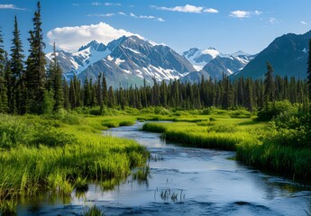 Sticker - Serene Alaskan River And Mountain Landscape