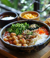 Wall Mural - A delicious and healthy meal of rice, scallops, and vegetables.