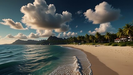 Poster - Tropical beach with white sand, clear blue water, palm trees, and cloudy sky.  Perfect for travel, vacation, and relaxation.