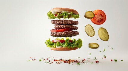 Wall Mural - A dynamic photograph of a delicious double patty burger being assembled in midair with falling ingredients like tomatoes, pickles, and lettuce