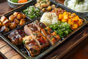 Wall Mural - A delicious and healthy meal with pork, rice, and vegetables