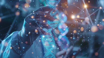 Dna research and innovation. Scientist analyzing a glowing DNA strand, concept for genetic engineering, genome editing, and personalized medicine.