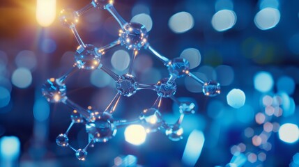 Wall Mural - abstract glass molecule structure on blue background. close-up of a glass molecule structure with a 