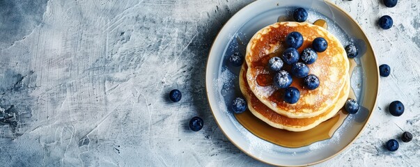 A stack of pancakes with blueberries and syrup on top of a white plate. Concept of indulgence and comfort.