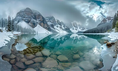 Poster - Panoramic View of Lake Moraine in Spring with Dramatic Sky